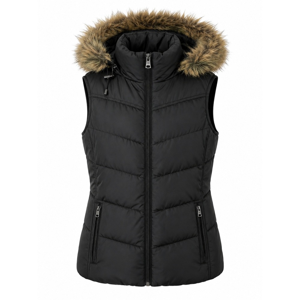 Banana Republic Women's Black Puffer Vest Faux Fur Hood Sherpa Lined XS